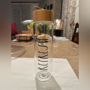 Rae Dunn Bamboo Lid w Beaded handle Clear Glass Water Bottle - Refresh Design